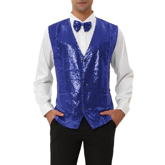 MODA NOVA Big & Tall Men's Shiny Sequin Vest Suit Waistcoat Set with Bow Tie Blue M