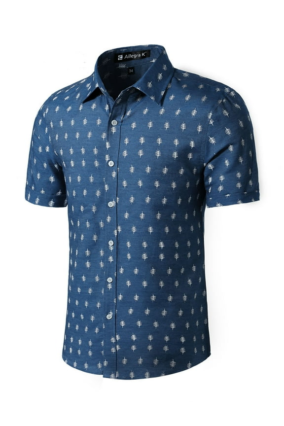 Big & Tall Men's Shirts Short Sleeve Button Down Floral Printed Shirt Denim Blue 44