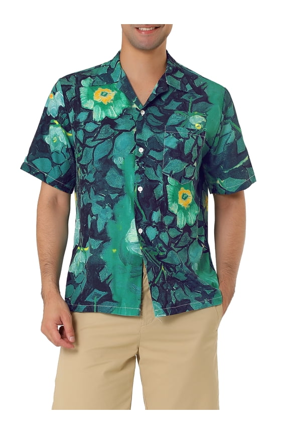 Big & Tall Men's Short Sleeve Printed Button Front Beach Hawaiian Shirt Blue Black 42