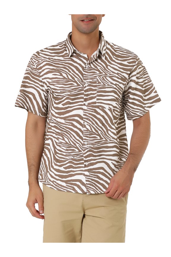 Big & Tall Men's Short Sleeve Printed Button Front Beach Hawaiian Shirt Brown and White 34