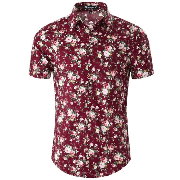 MODA NOVA Big & Tall Men's Short Sleeve Printed Button Front Beach Hawaiian Shirt Burgundy Pink Floral Print 38
