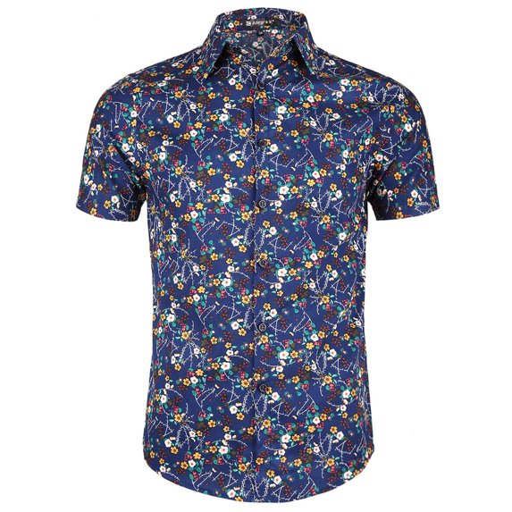 MODA NOVA Big & Tall Men's Short Sleeve Printed Button Front Beach Hawaiian Shirt Dark Blue 34