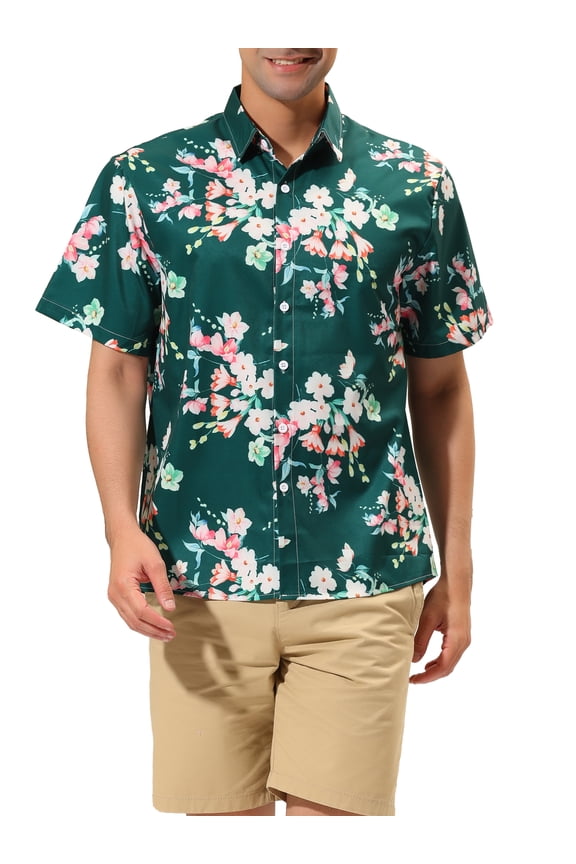 Big & Tall Men's Short Sleeve Printed Button Front Beach Hawaiian Shirt Green Pink 34