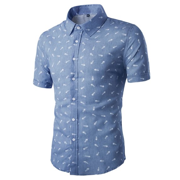 MODA NOVA Big & Tall Men's Short Sleeves Button Down Fish Bone Prints Shirt Blue 42