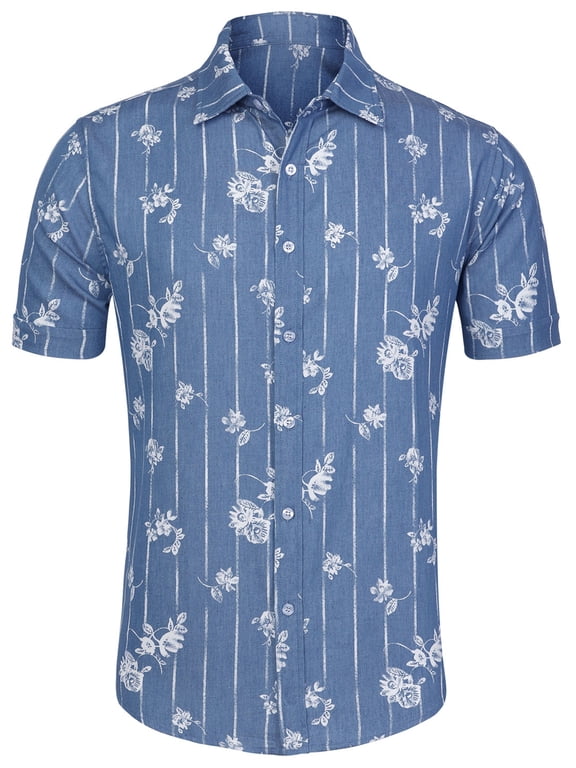 Big & Tall Men's Short Sleeves Button Down Fish Bone Prints Shirt Blue Stripe Flower 38