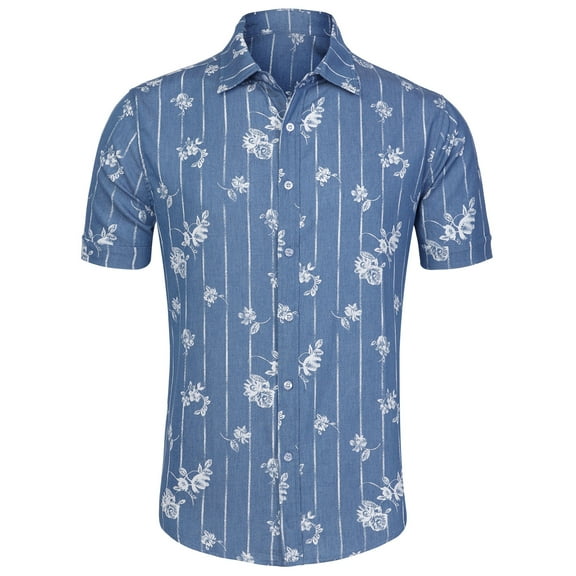 MODA NOVA Big & Tall Men's Short Sleeves Button Down Fish Bone Prints Shirt Blue Stripe Flower 46