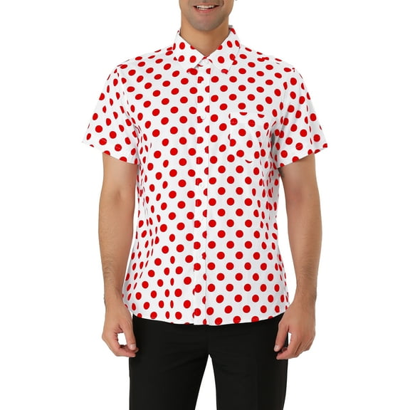 MODA NOVA Big & Tall Men's Short Sleeves Cotton Polka Dots Button up Shirt Red White 38