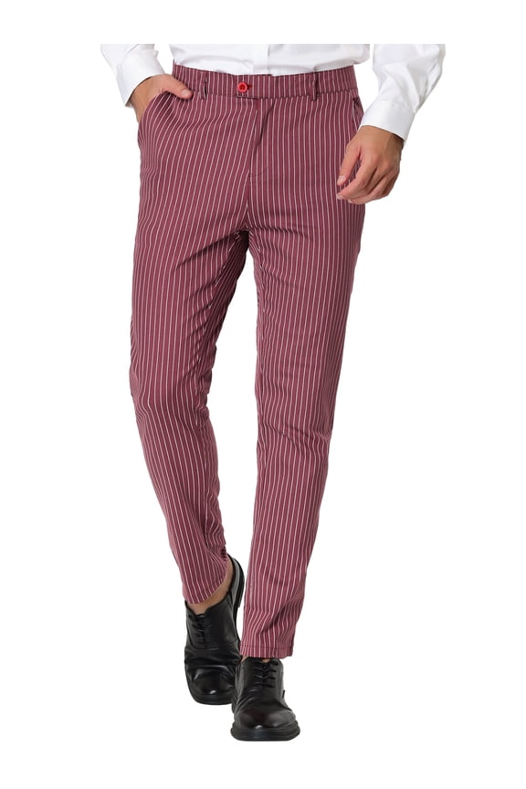 Big & Tall Men's Stripe Dress Pants Slim Fit Formal Trousers Burgundy 36