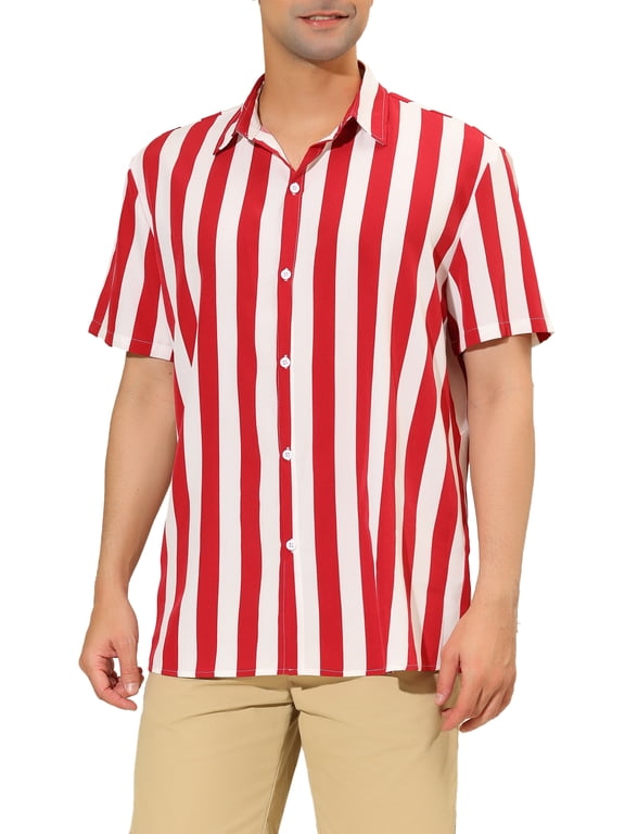 Big & Tall Men's Stripe Shirt Short Sleeved Button Down Shirt Red 2XLT