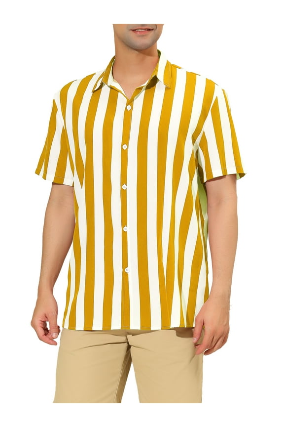 Big & Tall Men's Stripe Shirt Short Sleeved Button Down Shirt Yellow LT