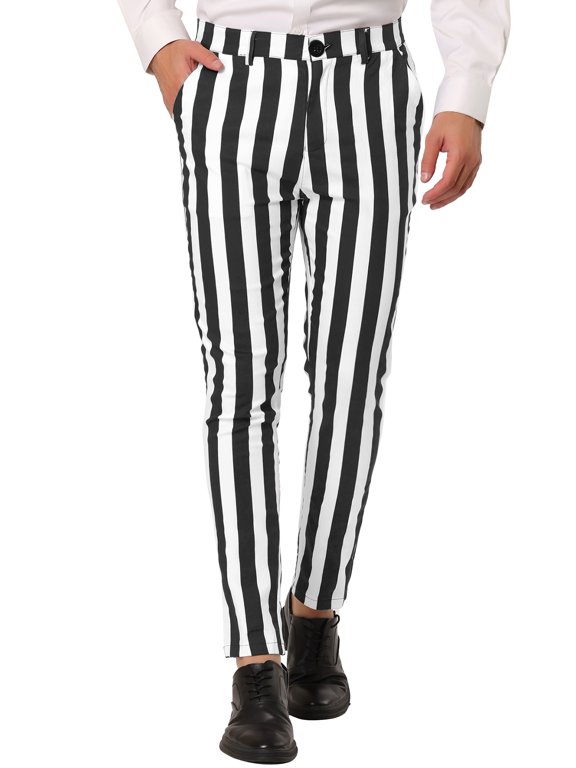 Big & Tall Men's Striped Pants Color Block Skinny Dress Trousers Black White LT(US 36)