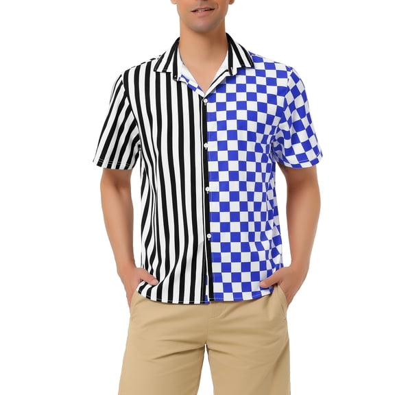MODA NOVA Big & Tall Men's Striped Printed Plaid Shirt Short Sleeve Blue Black LT