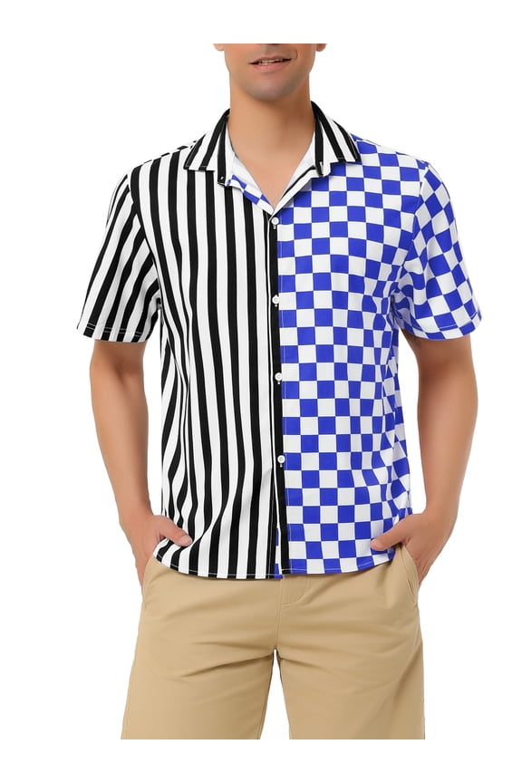 Big & Tall Men's Striped Printed Plaid Shirt Short Sleeve Blue Black LT