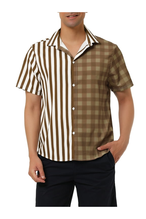 Big & Tall Men's Striped Printed Plaid Shirt Short Sleeve Brown White XLT