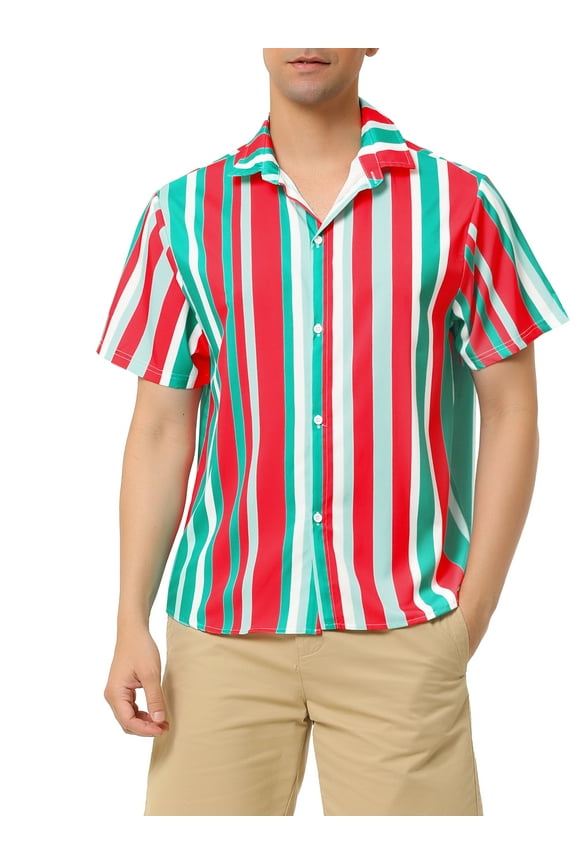 Big & Tall Men's Striped Shirt Short Sleeve Button Down Beach Shirt Red Green 2XLT