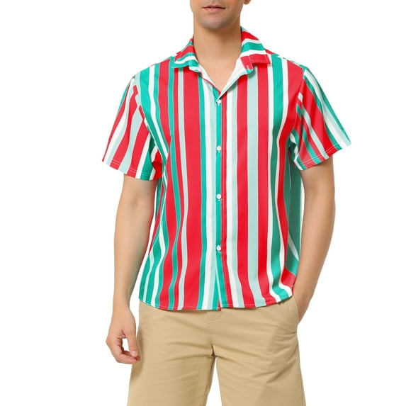 MODA NOVA Big & Tall Men's Striped Shirt Short Sleeve Button Down Beach Shirt Red Green XLT