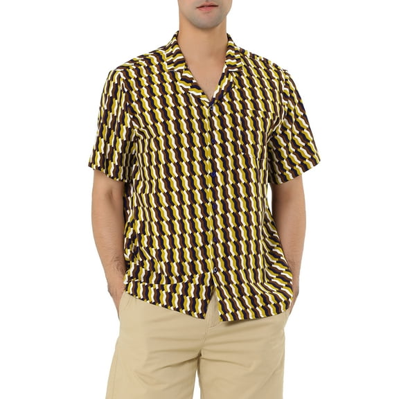 MODA NOVA Big & Tall Men's Striped Short Sleeves Button Down Hawaiian Shirt Brown Yellow L