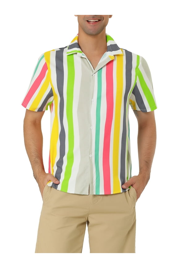 Big & Tall Men's Striped Short Sleeves Button Down Hawaiian Shirt Yellow Gray M