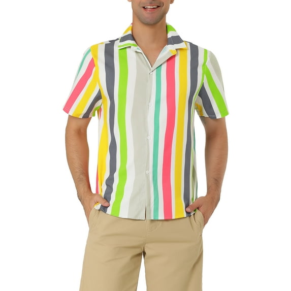 MODA NOVA Big & Tall Men's Striped Short Sleeves Button Down Hawaiian Shirt Yellow Gray M