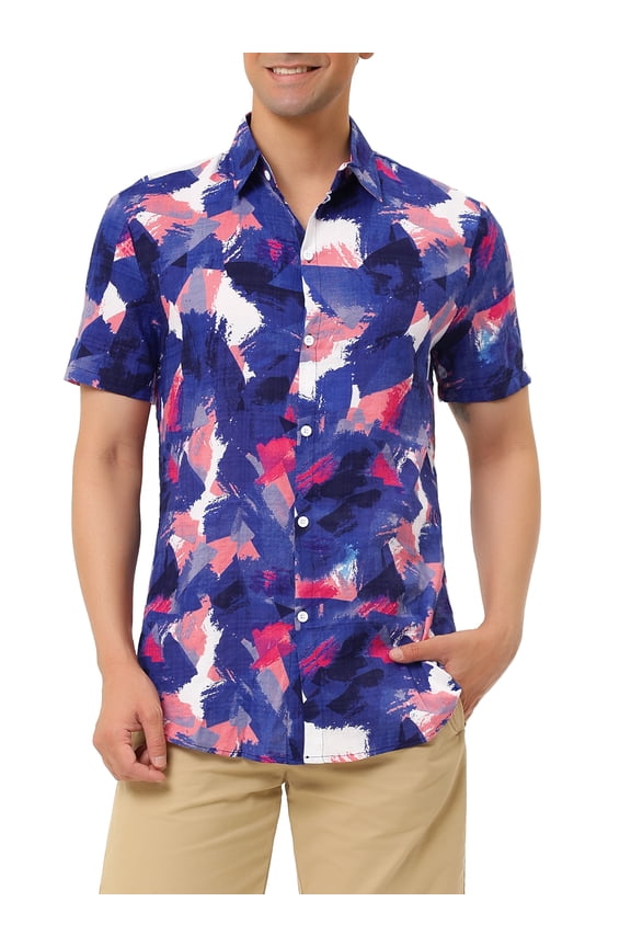 Big & Tall Men's Summer Hawaiian Printed Shirt Short Sleeve Blue White XLT