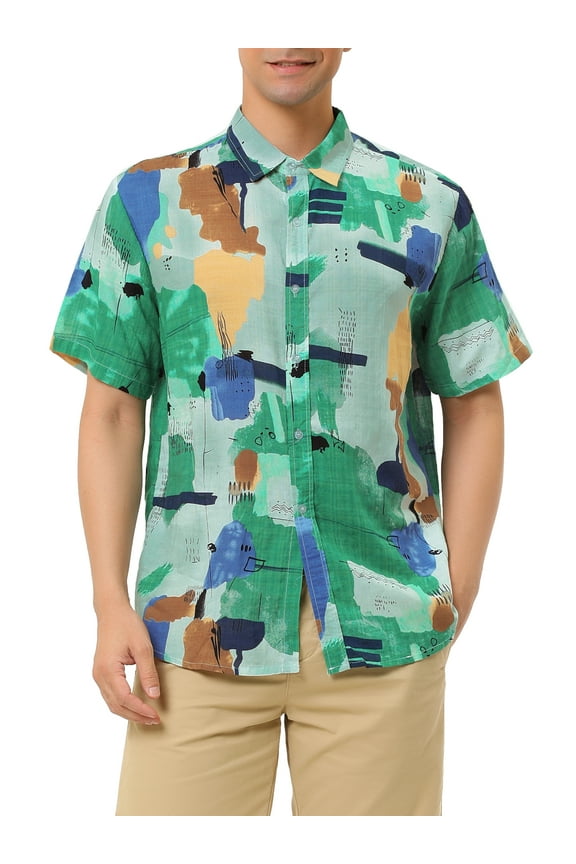 Big & Tall Men's Summer Hawaiian Printed Shirt Short Sleeve Green Blue 2XLT