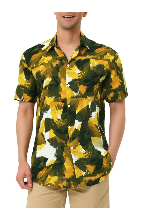 Big & Tall Men's Summer Hawaiian Printed Shirt Short Sleeve Yellow Green 2XLT