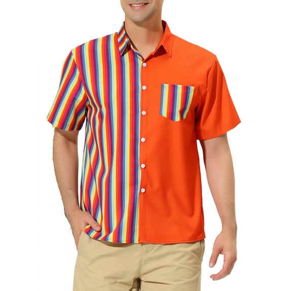 MODA NOVA Big & Tall Men's Summer Hawaiian Stripe Patchwork Button Down Shirt Multicolor Orange 3XLT