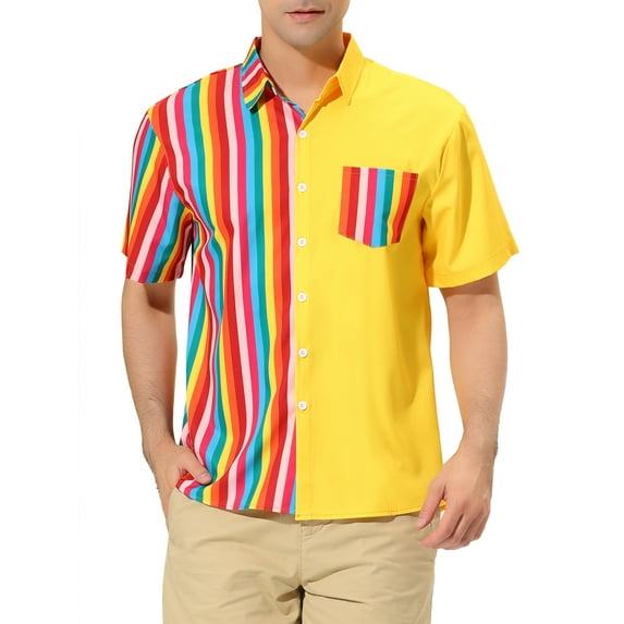 MODA NOVA Big & Tall Men's Summer Hawaiian Stripe Patchwork Button Down Shirt Rainbow Yellow LT