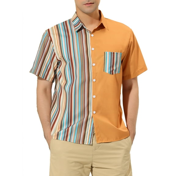 MODA NOVA Big & Tall Men's Summer Hawaiian Stripe Patchwork Button Down Shirt Yellow Brown LT