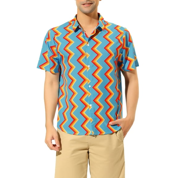 MODA NOVA Big & Tall Men's Summer Irregular Print Geometric Button Down Shirt Blue Orange XL