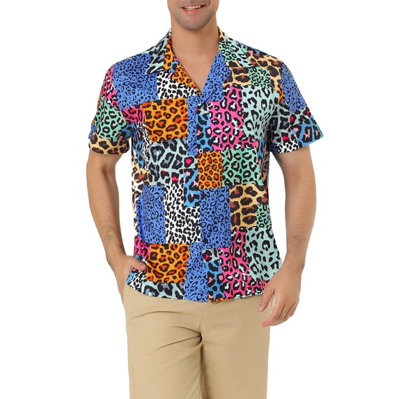 MODA NOVA Big & Tall Men's Summer Leopard Printed Short Sleeves Beach Shirt Multicolor 2XLT