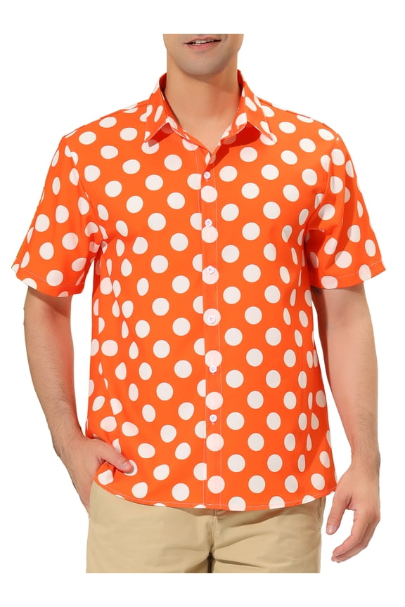 Big & Tall Men's Summer Polka Dots Print Hawaiian Button Down Shirt Orange LT