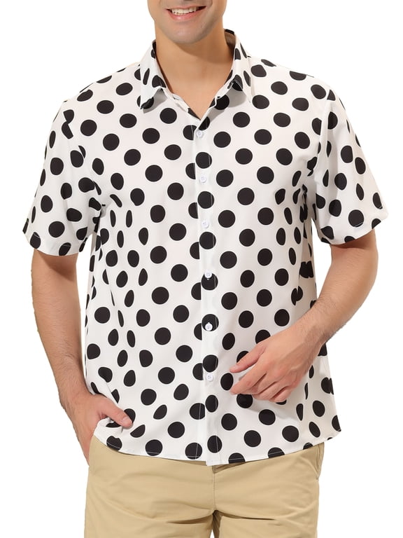 Big & Tall Men's Summer Polka Dots Print Hawaiian Button Down Shirt White XLT