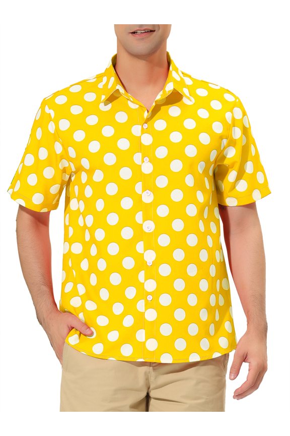 Big & Tall Men's Summer Polka Dots Print Hawaiian Button Down Shirt Yellow XLT