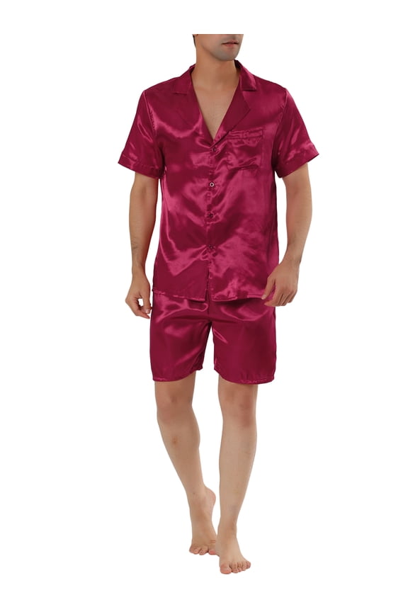 Big & Tall Men's Summer Satin Pajama Sets Short Sleeve Nightwear Red XXL