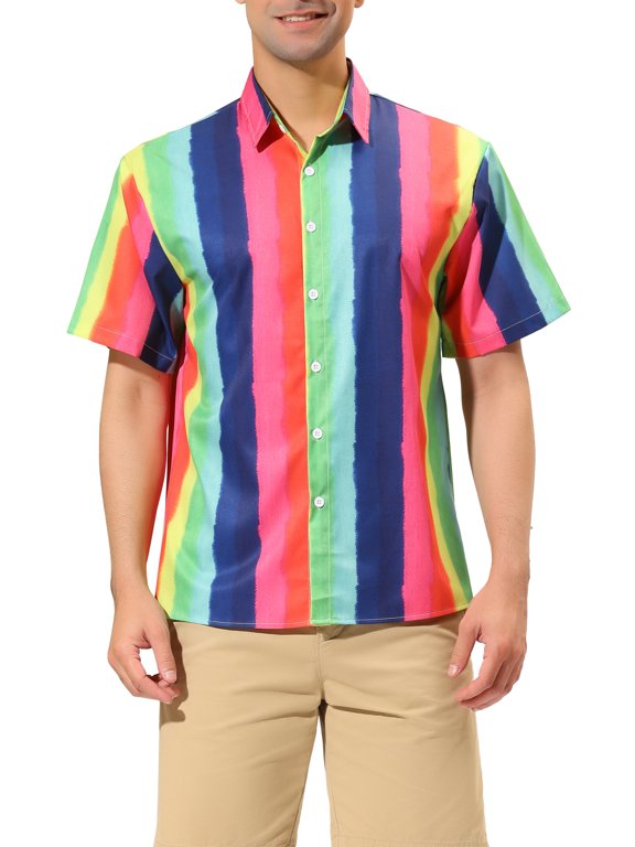 Big & Tall Men's Summer Vertical Stripe Print Button Down Shirt Multicolor Pink LT