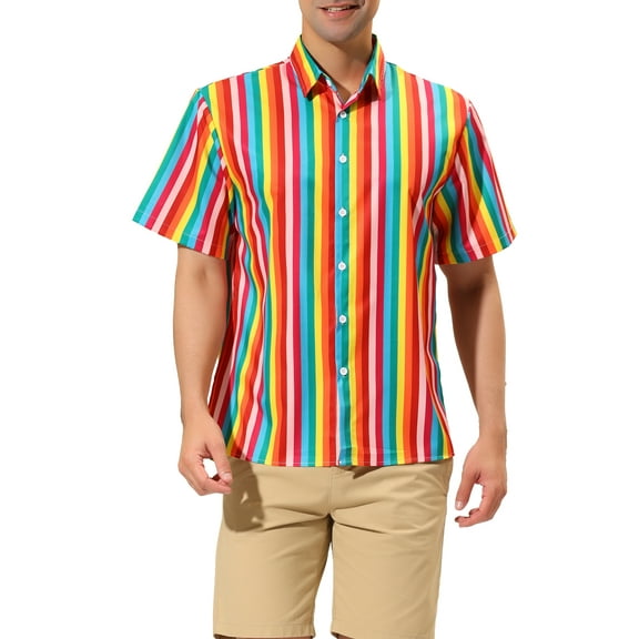 MODA NOVA Big & Tall Men's Summer Vertical Stripe Print Button Down Shirt Rainbow LT