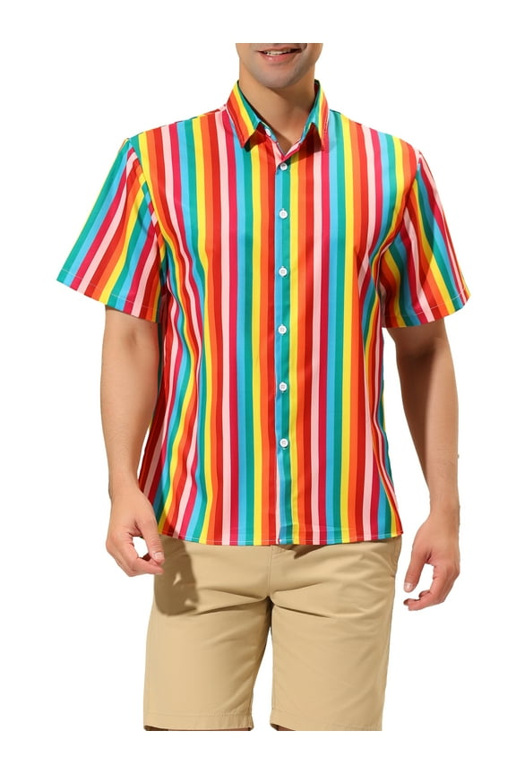 Big & Tall Men's Summer Vertical Stripe Print Button Down Shirt Rainbow XLT