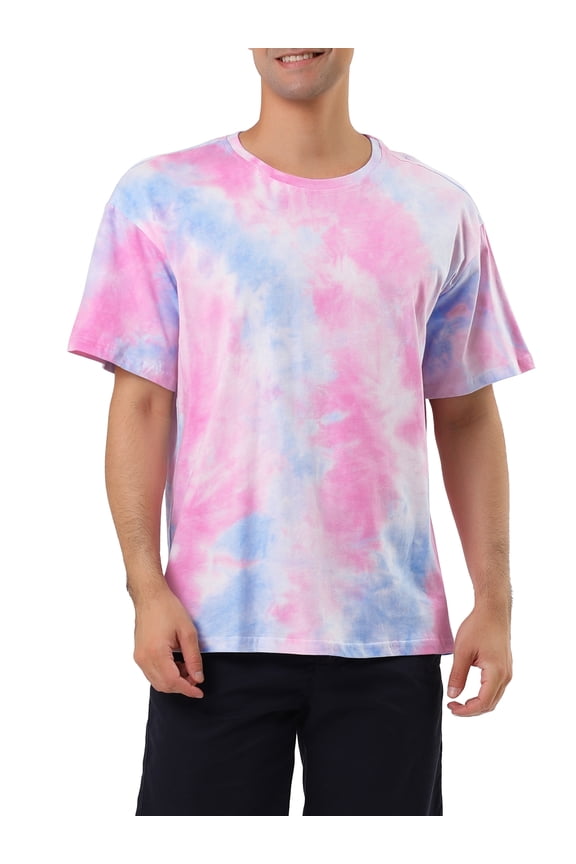 Men's T-Shirts Short Sleeve Summer Tie Dye Tee Hip Hop Printed T-Shirts L Blue Pink