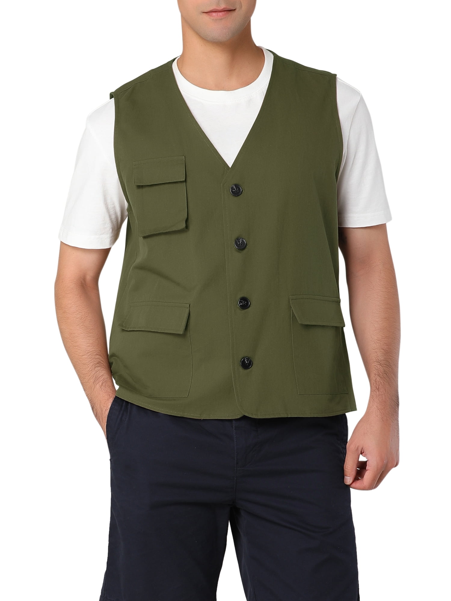 MODA NOVA Big Tall Men s Waistcoats Casual Cotton Sleeveless Pockets Button Down V Neck Cargo Vests Green LT