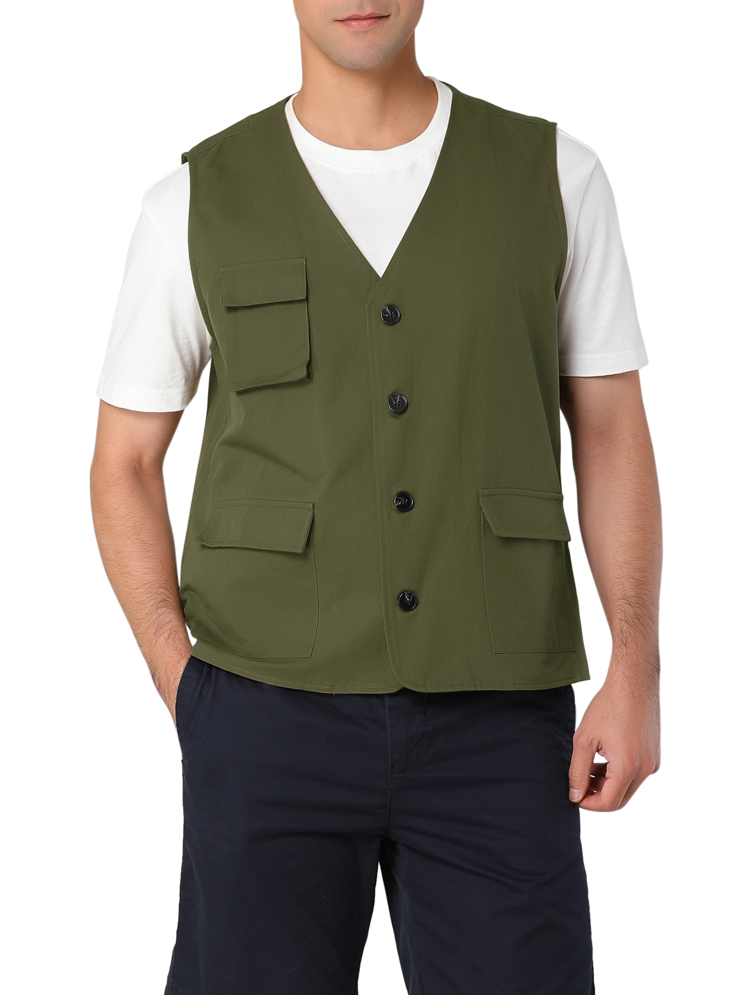 MODA NOVA Big & Tall Men's Waistcoats Casual Cotton Sleeveless Pockets Button Down V Neck Cargo Vests Green LT - image 1 of 5