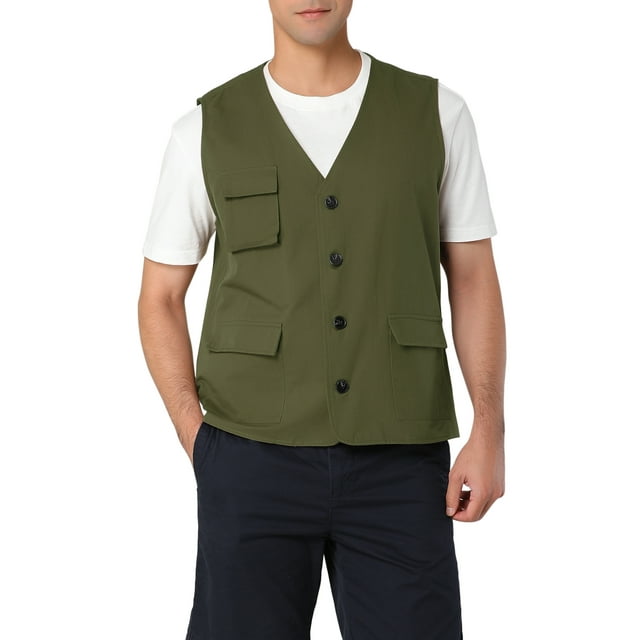 MODA NOVA Big & Tall Men's Waistcoats Casual Cotton Sleeveless Pockets Button Down V Neck Cargo Vests Green LT