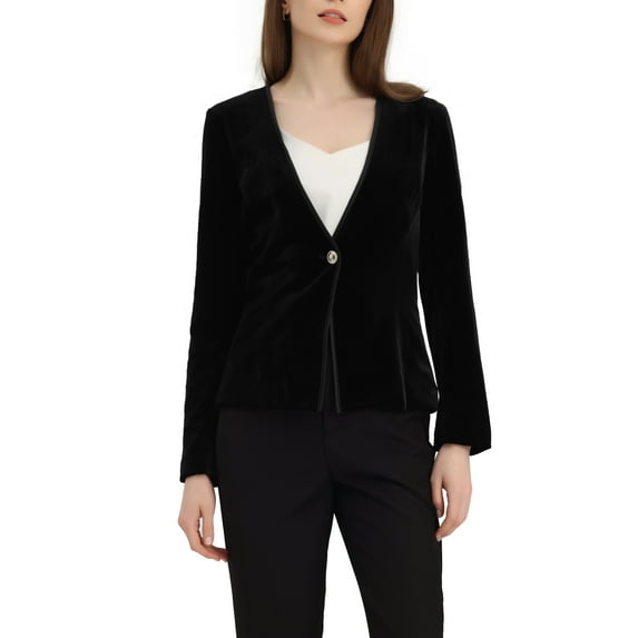 MODA NOVA Blazaer for Juniors Long Sleeve Office Collarless 1 Button Velvet Blazer Black XS