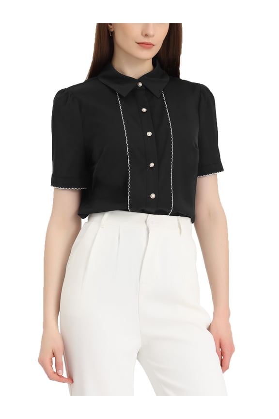 Button Down Shirt for Juniors Collared Contrast Trim Puff Short Sleeve Blouse