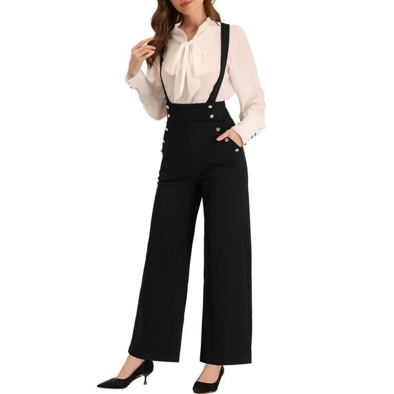 MODA NOVA Casual Office Overall for Juniors Adjustable Straps Wide Leg Suspenders Jumpsuits Black XS