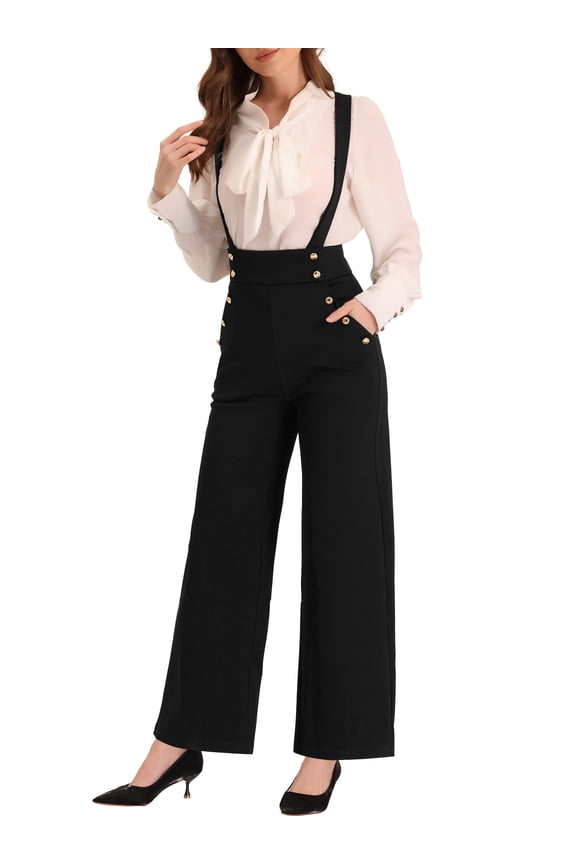 Casual Office Overall for Juniors Adjustable Straps Wide Leg Suspenders Jumpsuits Black XS