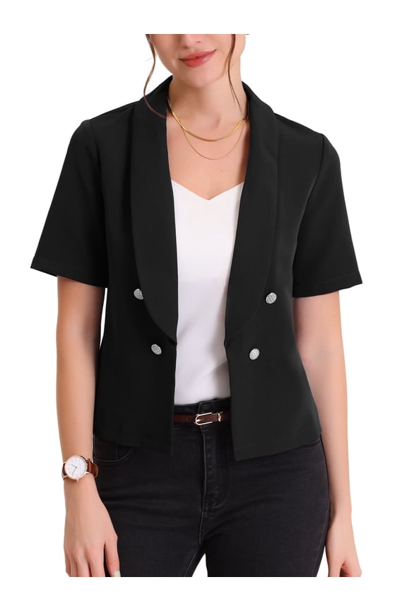 Casual Shawl Collar Open Front Cardigan for Juniors Short Sleeve Work Office Suit Blazer Black M