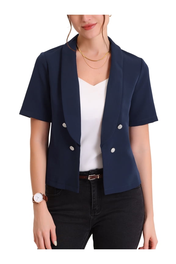 Casual Shawl Collar Open Front Cardigan for Juniors Short Sleeve Work Office Suit Blazer Navy Blue M