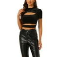 thumbnail image 1 of MODA NOVA Cut Out Top for Juniors Glitter Sparkle Velvet Short Sleeve Fitted Crop Tops Black XS, 1 of 5