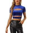 thumbnail image 1 of MODA NOVA Cut Out Top for Juniors Glitter Sparkle Velvet Short Sleeve Fitted Crop Tops Royal Blue XS, 1 of 5